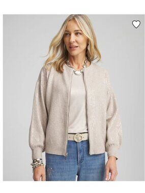 Chicos Womens Beige Sequined Zip-Front Cardigan Sweater Size 0 US S Polyester Bl